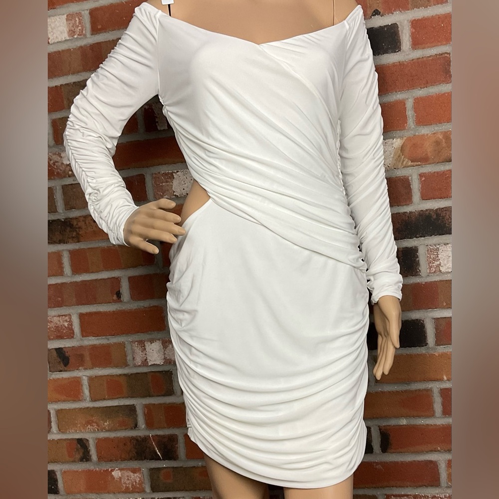 White Off-Shoulder Ruched Bodycon Dress